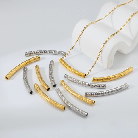Stainless Steel Curved Tube Beads Embossed Bamboo Fish Scale Pattern For DIY Jewelry Making Accessories Gold Silver Beads