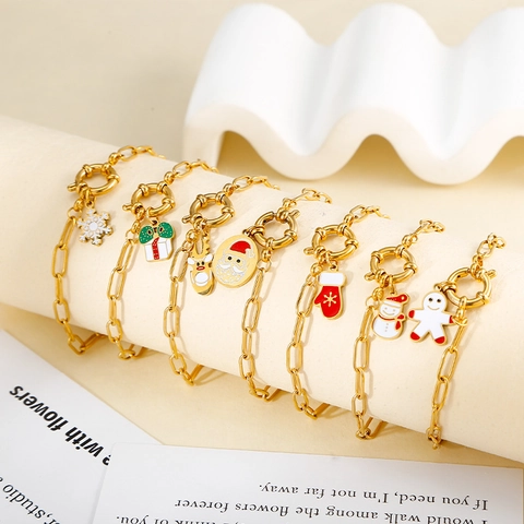 Christmas Stainless Steel Paperclip Chain Bracelet With Enamel Santa Tree Snowman Pendants Gold Holiday Jewelry For Women