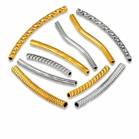 Stainless Steel 18K Gold Plated Curved Tube Beads Irregular Texture Bamboo Style Connecting Pipe For DIY Jewelry Making Findings