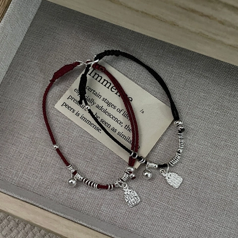 925 Sterling Silver Hand Woven Bracelet Red Black Cord Peace Joy Ruyi Bell Charm Ethnic New Chinese Jewelry For Women Men
