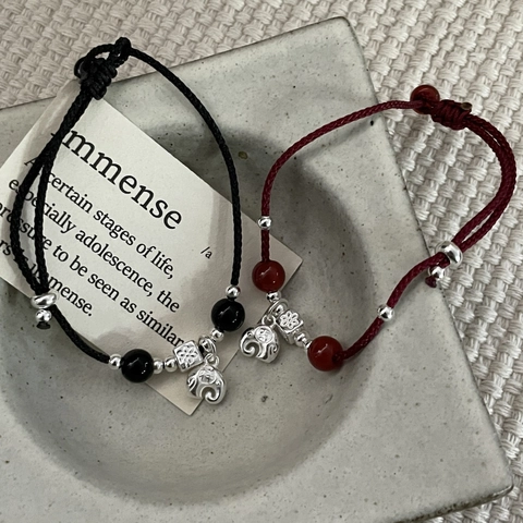Bracciale a Corda Intrecciata con Elefante in Argento Sterling 925 e Agata Fatto a Mano Vintage Etnico Regolabile Rosso Nero Gioielli Donna