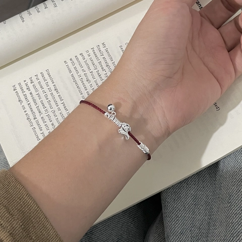 Handgefertigtes 925 Sterlingsilber Welpen Elefanten Charm Rotes Schwarzes Geflochtenes Seil Armband Verstellbarer Schmuck Damen