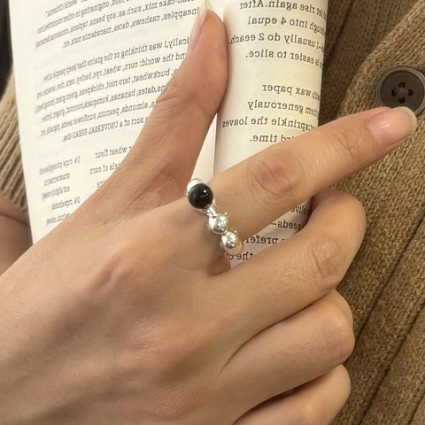 S925 Sterling Silver Black Agate Ring Irregular Liquid Water Drop Wave Beaded Finger Ring Minimalist Vintage Jewelry For Women