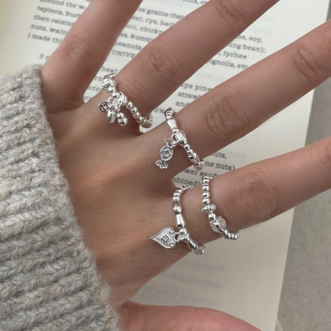 S925 Sterling Silver Beaded Ring For Women Korean Sweet Cool Vintage Geometric Stackable Heart Star Charm Finger Jewelry