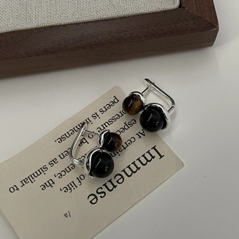 Orecchini a Polsino in Argento Sterling 925 Stile Coreano con Perle di Occhio di Tigre e Agata Nera Gioielli Minimalisti Donna