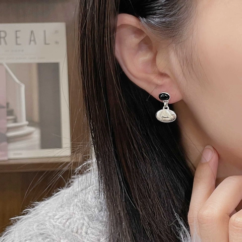 Vintage Oval Schwarzer Achat Ohrhänger Mit 925 Sterlingsilber Ohrstecker-Stift Minimalistischer Koreanischer Stil Schmuck Damen