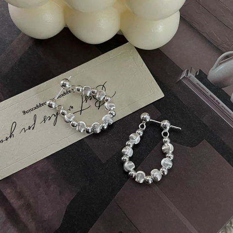 925 Argento Sterling Orecchini a Cerchio con Perline Tornito Tondo Orecchini a Bottone Donna Stile Coreano Minimalista