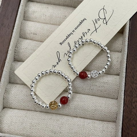 Vintage 925 Sterling Silver Red Agate Beaded Ring Chinese Coin Charm Elastic Minimalist Jewelry For Women Handcrafted