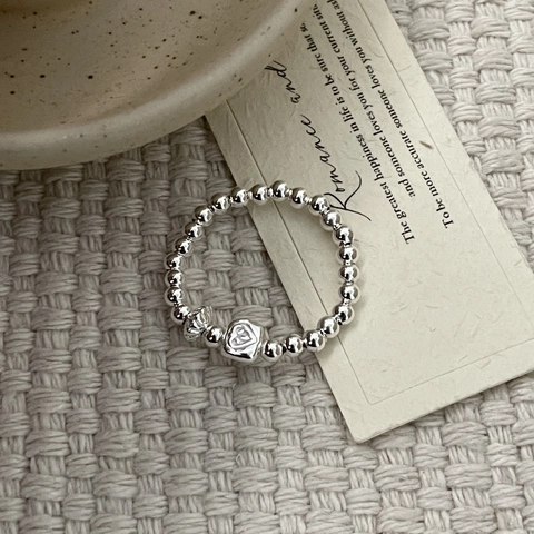 S925 Sterling Silver Beaded Ring For Women Korean Sweet Cool Vintage Geometric Stackable Heart Star Charm Finger Jewelry