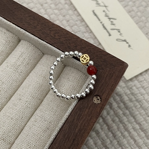 Vintage 925 Sterling Silver Red Agate Beaded Ring Chinese Coin Charm Elastic Minimalist Jewelry For Women Handcrafted