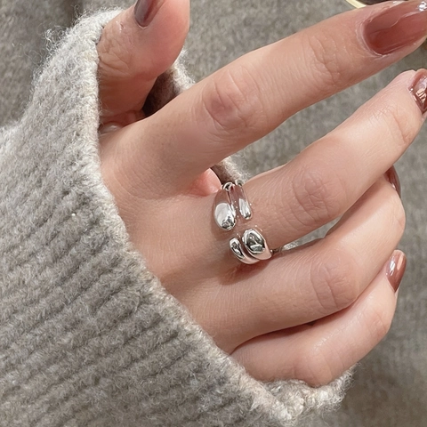 Bague Ouverte Double Couche en Argent Sterling 925 Minimaliste pour Femme Style Métal Liquide Bague Géométrique Réglable