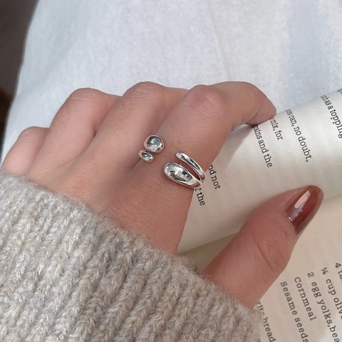 Bague Ouverte Double Couche en Argent Sterling 925 Minimaliste pour Femme Style Métal Liquide Bague Géométrique Réglable