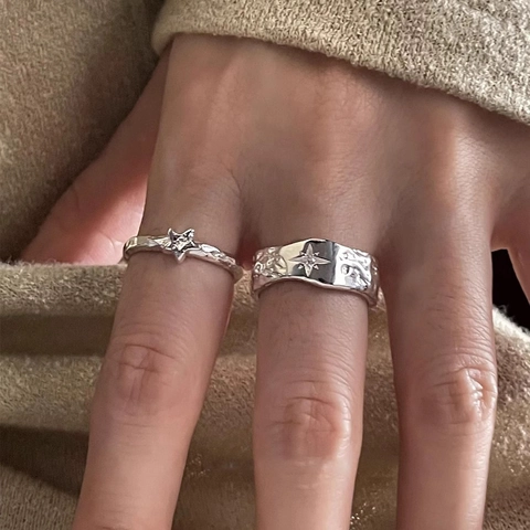 925 Sterling Silver Ring Adjustable Open Finger Ring Irregular Hammered Star Eight Pointed Star Rhinestone Jewelry For Women