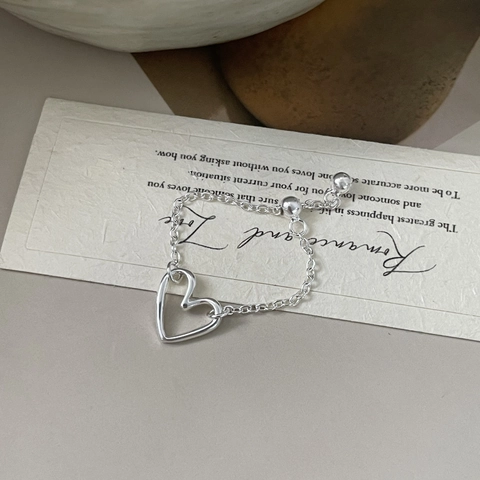 925 Sterling Silver Heart Ring For Women Korean Ins Adjustable Chain Ring Minimalist Hollow Heart Ring Fashion Jewelry