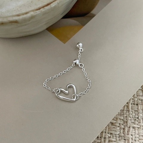 925 Sterling Silver Heart Ring For Women Korean Ins Adjustable Chain Ring Minimalist Hollow Heart Ring Fashion Jewelry