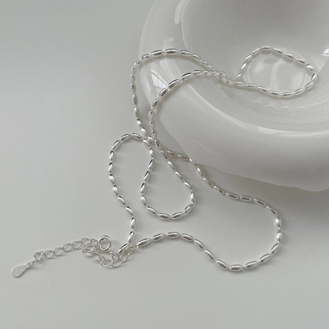 S925 Sterling Silver Minimalist Oval Rice Bead Necklace Korean Style Elegant Olive Bead Clavicle Chain For Women Jewelry