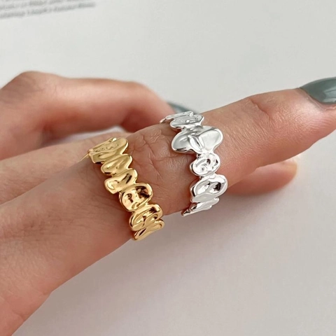 S925 Sterling Silver Irregular Wave Open Ring For Women Minimalist Liquid Metal Texture Adjustable Finger Jewelry Ring