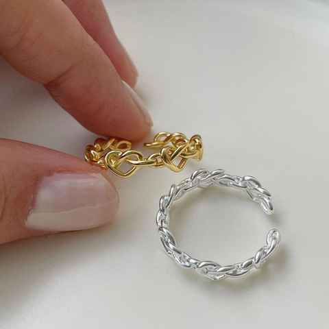 Elegant 925 Sterling Silver Heart Linked Chain Ring Women Minimalist Adjustable Hollow Band Jewelry Korean Style Accessory