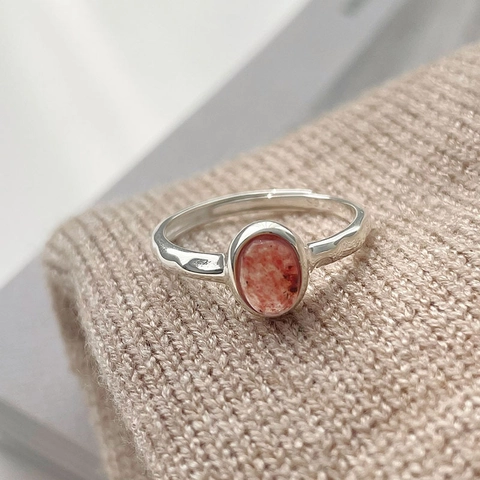 925 Sterlingsilber Erdbeerquarz Ring Für Damen Minimalistisch Oval Edelstein Offen Verstellbar Gehämmerte Textur Fingerring