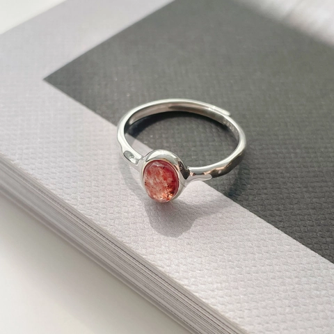 925 Sterlingsilber Erdbeerquarz Ring Für Damen Minimalistisch Oval Edelstein Offen Verstellbar Gehämmerte Textur Fingerring