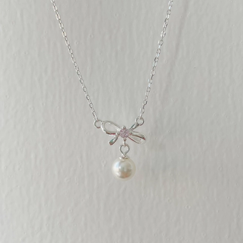 Collana Con Pendente a Fiocco in Argento Sterling 925 Con Strass Rosa e Perla Artificiale per Donna Dolce Catena a Clavicola Gioielli Regalo