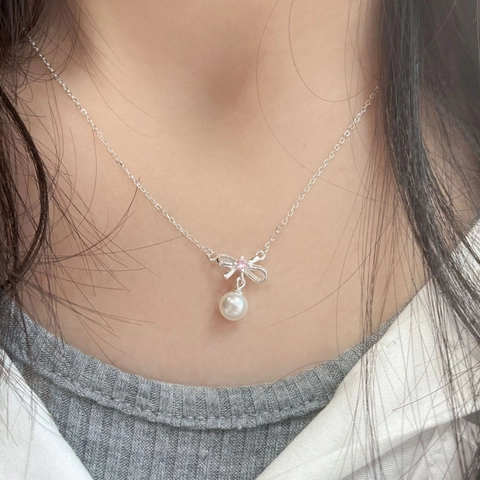 Collana Con Pendente a Fiocco in Argento Sterling 925 Con Strass Rosa e Perla Artificiale per Donna Dolce Catena a Clavicola Gioielli Regalo