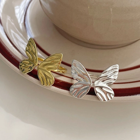 925 Sterlingsilber Schmetterling Ring Vintage Verstellbares Offenes Design Gold Silber Gebürstete Textur Schmuck Für Tägliches Picknick Party Damen Zubehör