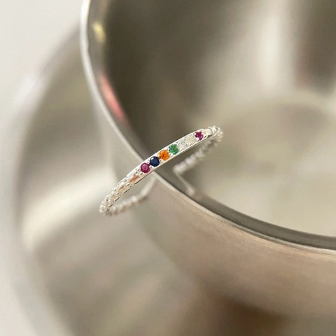 S925 Sterling Silver Rainbow Zirconia Adjustable Open Ring For Women Minimalist Dainty Colorful Stackable Band Ring Jewelry