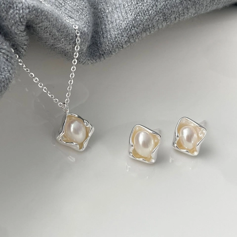 Ensemble Collier et Boucles d'Oreilles en Argent Sterling S925 avec Künstliche Perles Géométrie Irrégulière Minimalisme Style Baroque Bijoux Femme