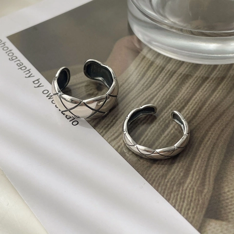 Anello Aperto Trapuntato in Argento Sterling S925 per Donna Uomo Anello a Fascia Geometrico Regolabile Vintage Gioielli Minimalisti
