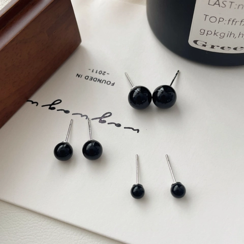Orecchini a Bottone in Agata Nera Con Perno in Argento Sterling 925 per Donna Semplice Minimalista a Sfera Gioielli Regalo