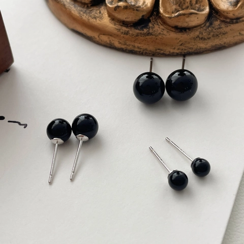 Orecchini a Bottone in Agata Nera Con Perno in Argento Sterling 925 per Donna Semplice Minimalista a Sfera Gioielli Regalo