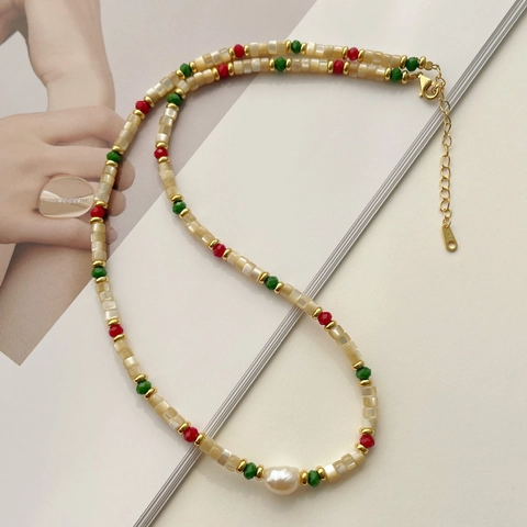 Vintage 925 Sterling Silver Beaded Necklace For Women With Freshwater Baroque Pearl Mother Of Pearl Shell Beads Jewelry