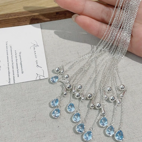 925 Sterling Silver Blue Water Drop Pendant Necklace For Women Elegant Rhinestone Adjustable Minimalist Y Lariat Chain Jewelry