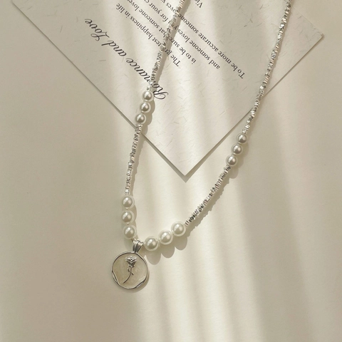 French Retro 925 Sterling Silver Rose Pendant Necklace Artificial Pearl Clavicle Chain Elegant Flower Coin Jewelry For Women