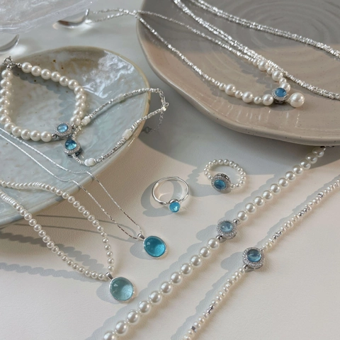 S925 Sterling Silver Aquamarine Rhinestone Pendant Necklace With Artificial Pearl Broken Silver Chain For Women Jewelry
