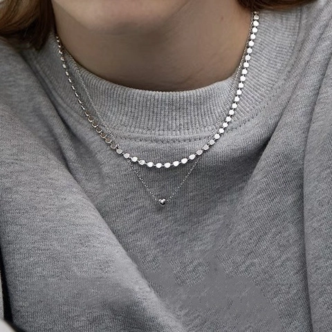 Collana a Doppio Strato in Argento Sterling 925 da Donna Catena a Dischi Minimalista Pendente a Sfera Tonda Gioielli Chic