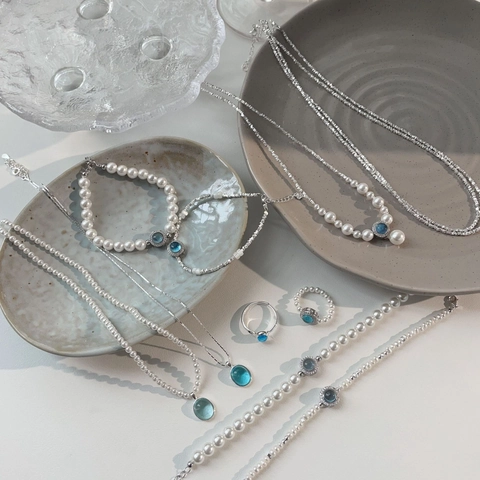 S925 Sterling Silver Aquamarine Rhinestone Pendant Necklace With Artificial Pearl Broken Silver Chain For Women Jewelry
