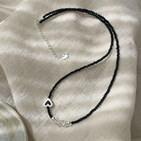 Collar Con Colgante de Corazón de Plata de Ley 925 Cuentas de Espinela de Vidrio Negro Cadena de Clavícula Joyería para Mujer Moda