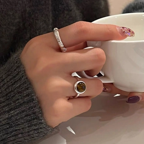 Minimalistische S925 Sterlingsilber Tigerauge Stein Ring Halskette Für Damen Vintage Geometrischer Offener Verstellbarer Modeschmuck
