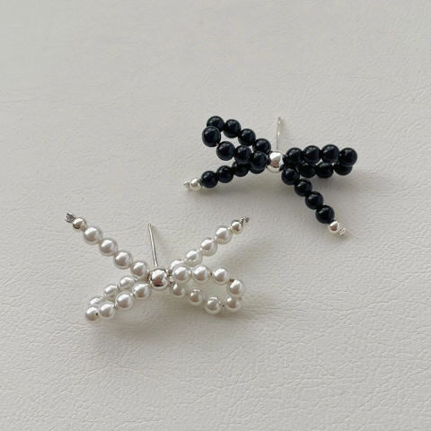 925 Sterlingsilber Schleife Ohrstecker Für Damen Koreanisch Minimalistisch Künstliche Perle Schwarzer Achat Perlen Schleife Ohrringe Schmuck Geschenk