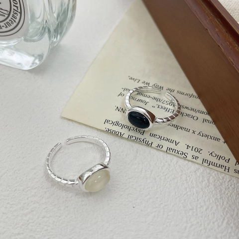 S925 Sterling Silver Oval Black Agate White Chalcedony Adjustable Open Ring Retro Minimalist Twisted Band Jewelry For Women