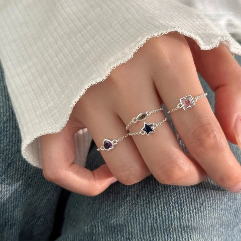 Anillo de Cadena Ajustable de Plata de Ley S925 Minimalista Con Circonita de Color Corazón Estrella Cuadrado Joyería Regalo Mujer