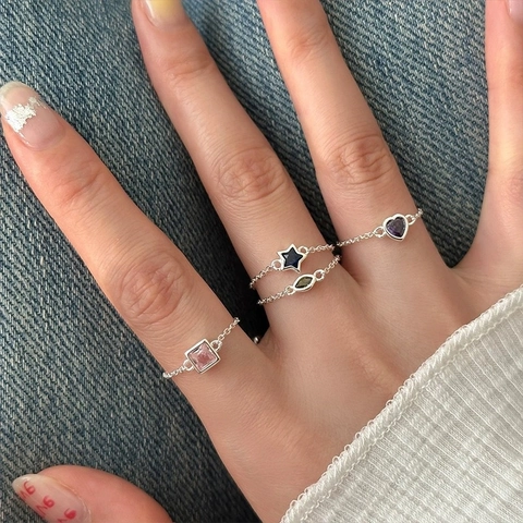 Anillo de Cadena Ajustable de Plata de Ley S925 Minimalista Con Circonita de Color Corazón Estrella Cuadrado Joyería Regalo Mujer