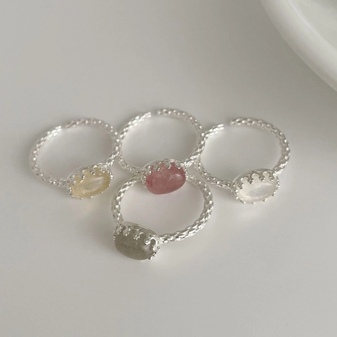 925 Sterling Silver Geometric Oval Natural Stone Opening Ring Minimalist Labradorite Strawberry Quartz Moonstone Adjustable Finger Ring For Women