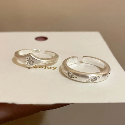 Anello Regolabile a Stella in Argento Sterling 925 Vintage Finitura Opaca Spazzolata Zirconia Cubica Anello da Donna Gioielli