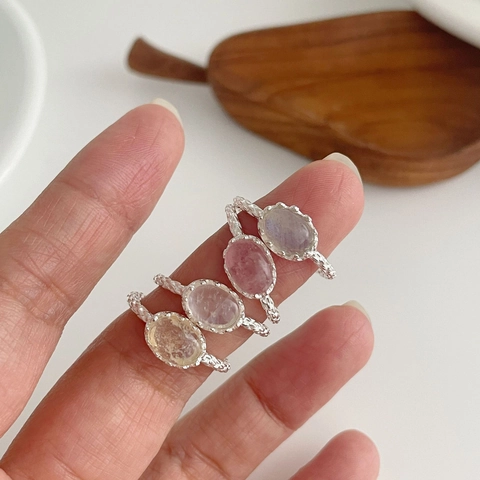 925 Sterling Silver Geometric Oval Natural Stone Opening Ring Minimalist Labradorite Strawberry Quartz Moonstone Adjustable Finger Ring For Women