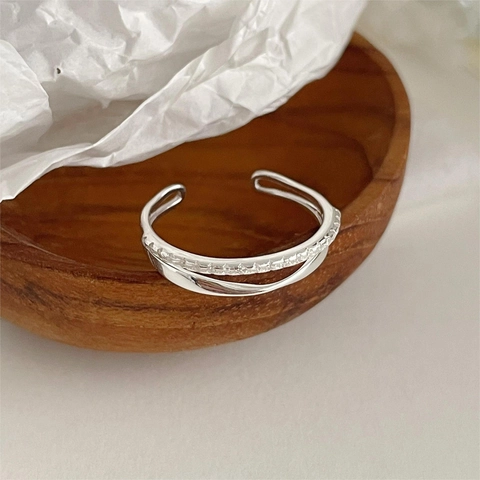 Anello Aperto a Doppio Strato in Argento Sterling S925 Minimalista Geometrico con Zirconia Intarsiata Anello da Dito Sovrapponibile Gioielli di Moda Donna