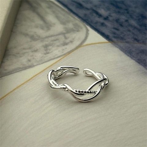 Anillo Ajustable Abierto de Plata de Ley S925 con Líneas Trenzadas Multicapa para Mujer Joyería Minimalista
