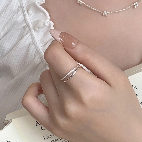 Anello Aperto a Doppio Strato in Argento Sterling S925 Minimalista Geometrico con Zirconia Intarsiata Anello da Dito Sovrapponibile Gioielli di Moda Donna